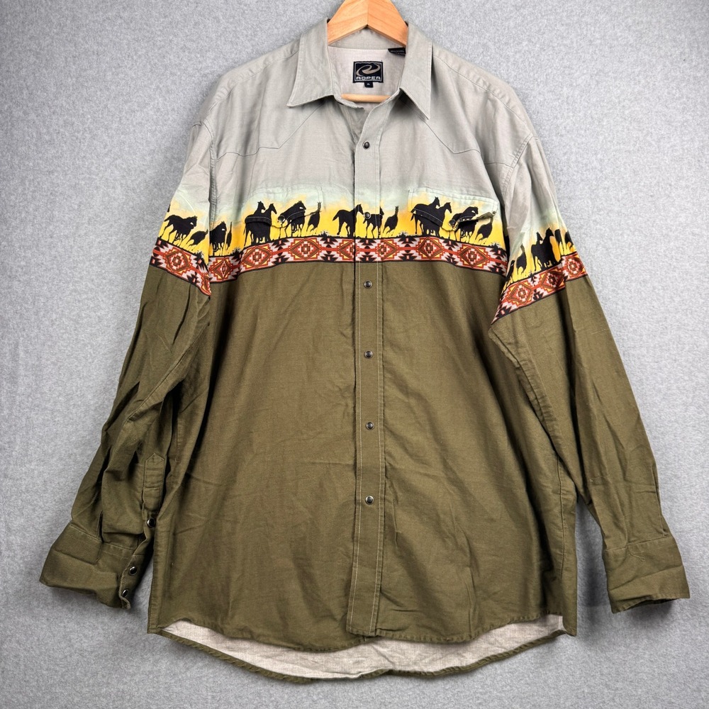 Roper Western Shirt Mens XL Olive Gray Horse Southwestern Cowboy Snap Button